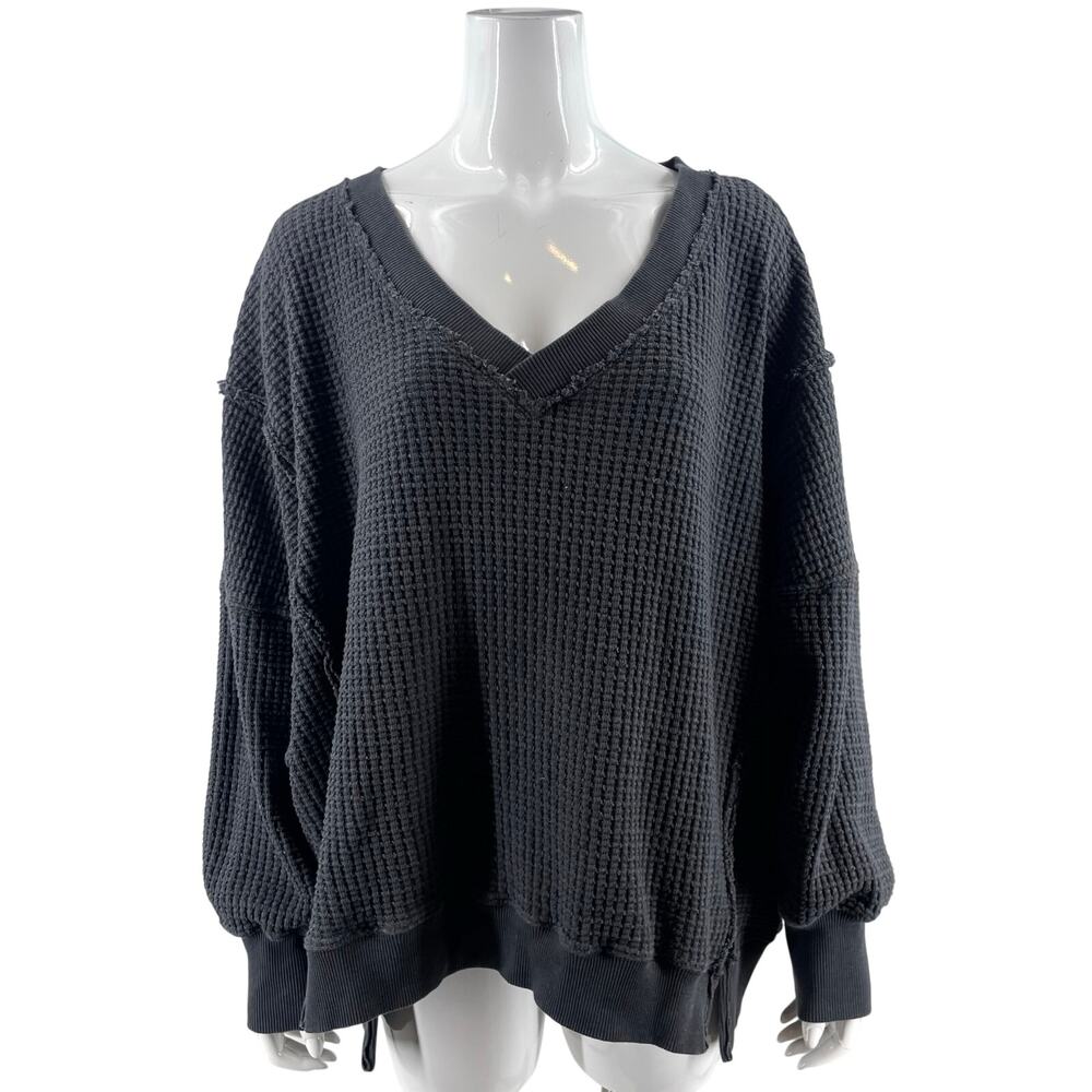 American Eagle Womens Lived In Waffle Knit Sweater Size XL Charcoal Gray V Neck